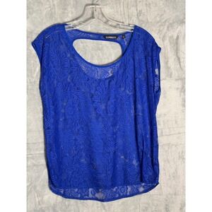 Express Royal Blue Floral Lace Keyhole Back Sheer Sleeveless Blouse oversized XS
